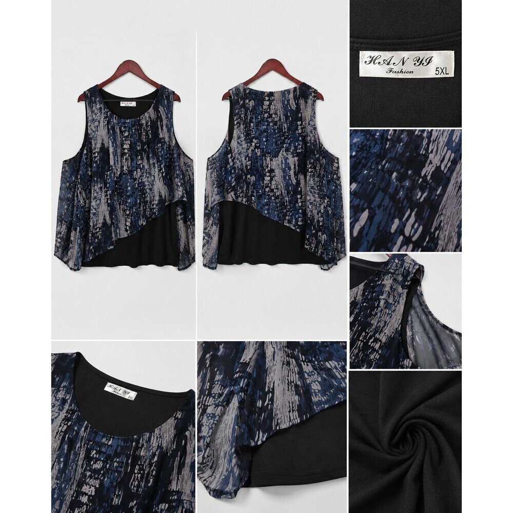 Womens 5XL Cold Shoulder Blouse Blue Black Abstract Print Chiffon Overlay Top